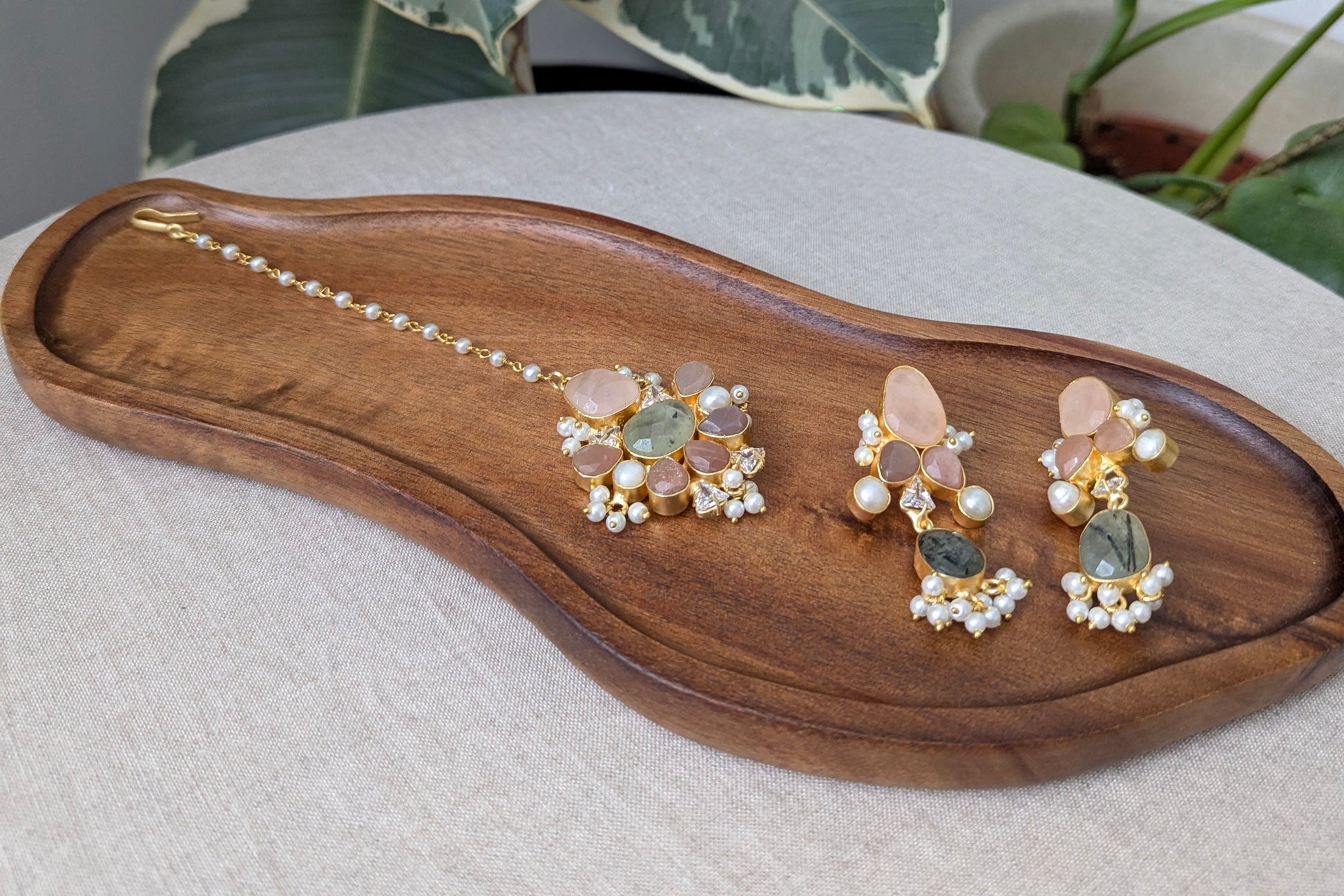 Rose Quartz, Peach Morganite & Green Prehnite Statement Earrings & Tikka Set with Swarovski & Pearls - Item 45