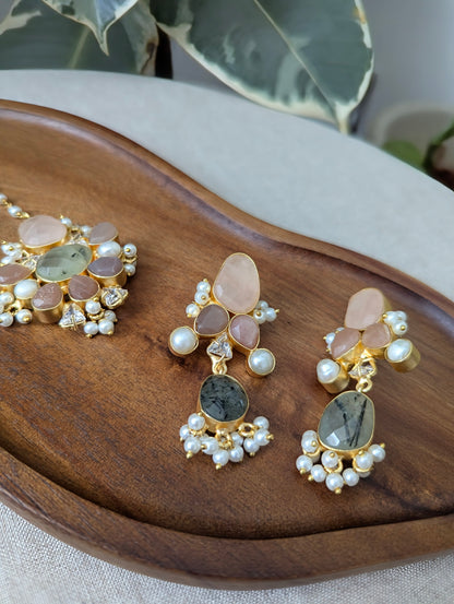 Rose Quartz, Peach Morganite & Green Prehnite Statement Earrings & Tikka Set with Swarovski & Pearls - Item 45