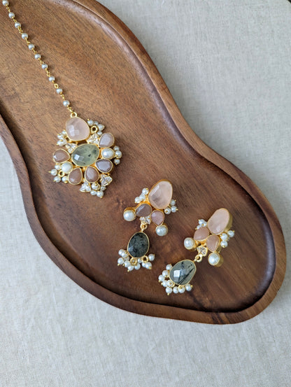 Rose Quartz, Peach Morganite & Green Prehnite Statement Earrings & Tikka Set with Swarovski & Pearls - Item 45