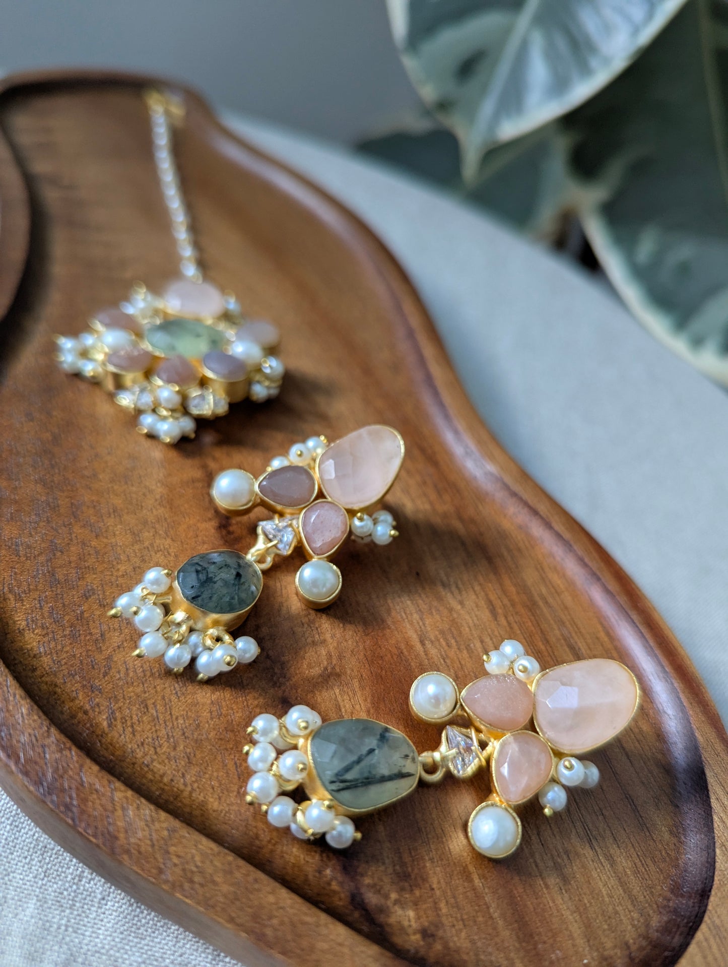 Rose Quartz, Peach Morganite & Green Prehnite Statement Earrings & Tikka Set with Swarovski & Pearls - Item 45