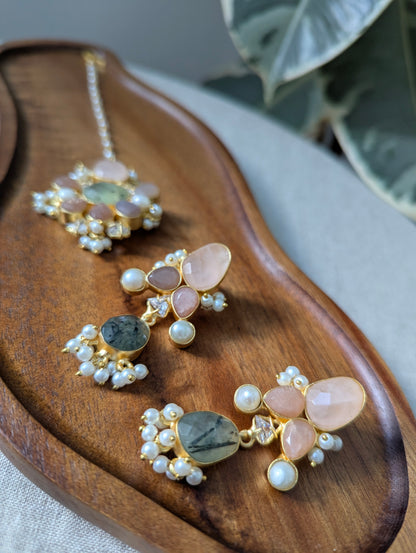 Rose Quartz, Peach Morganite & Green Prehnite Statement Earrings & Tikka Set with Swarovski & Pearls - Item 45