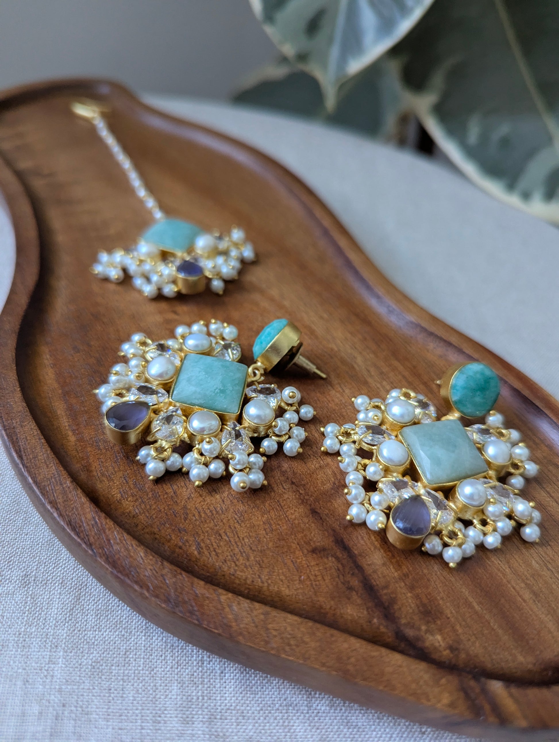 Blue Amazonite & Purple Amethyst Statement Earrings & Tikka Set with Swarovski & Pearls - Item 46