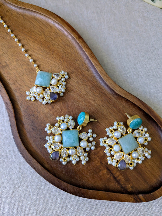 Blue Amazonite & Purple Amethyst Statement Earrings & Tikka Set with Swarovski & Pearls - Item 46