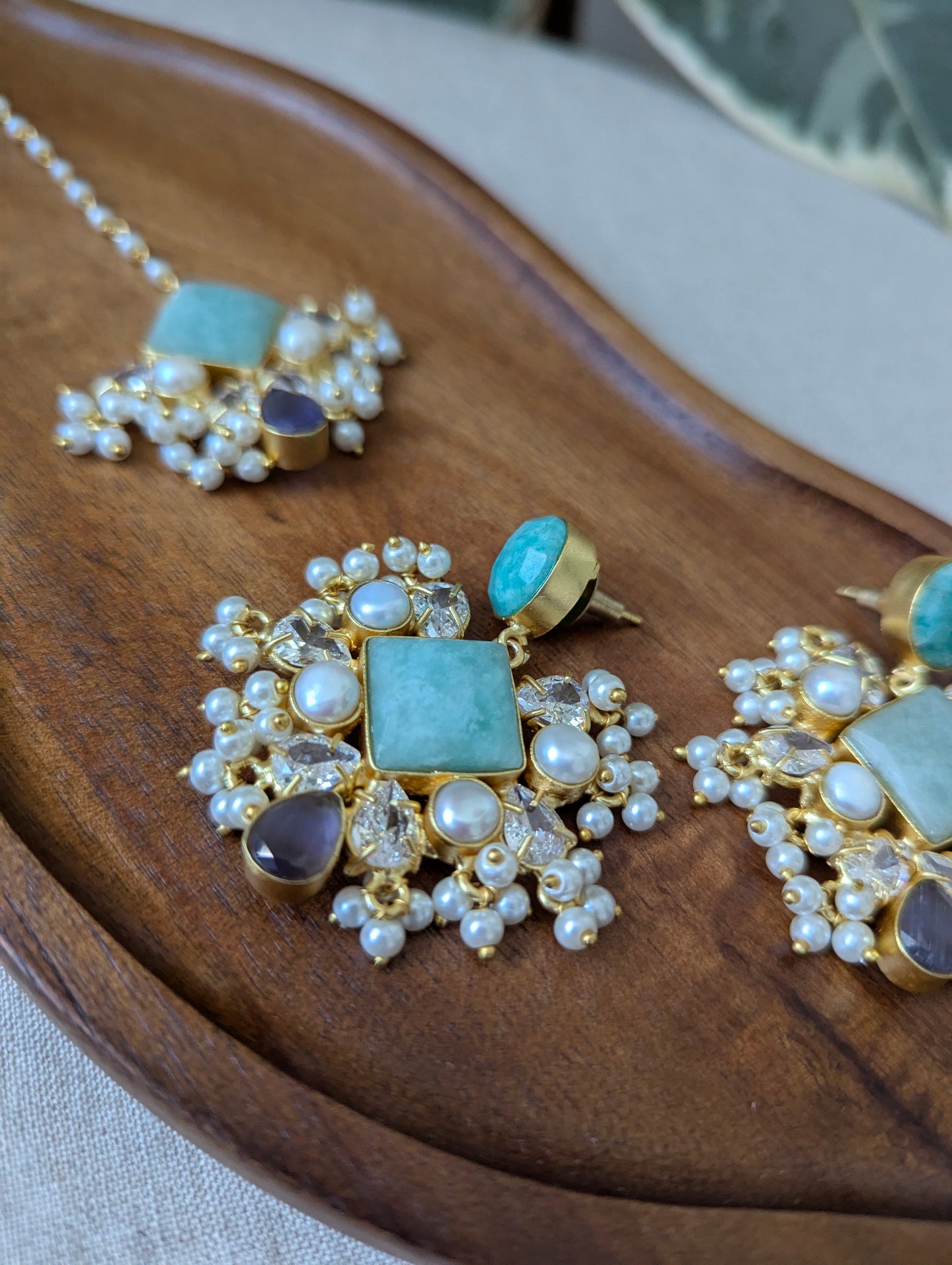 Blue Amazonite & Purple Amethyst Statement Earrings & Tikka Set with Swarovski & Pearls - Item 46