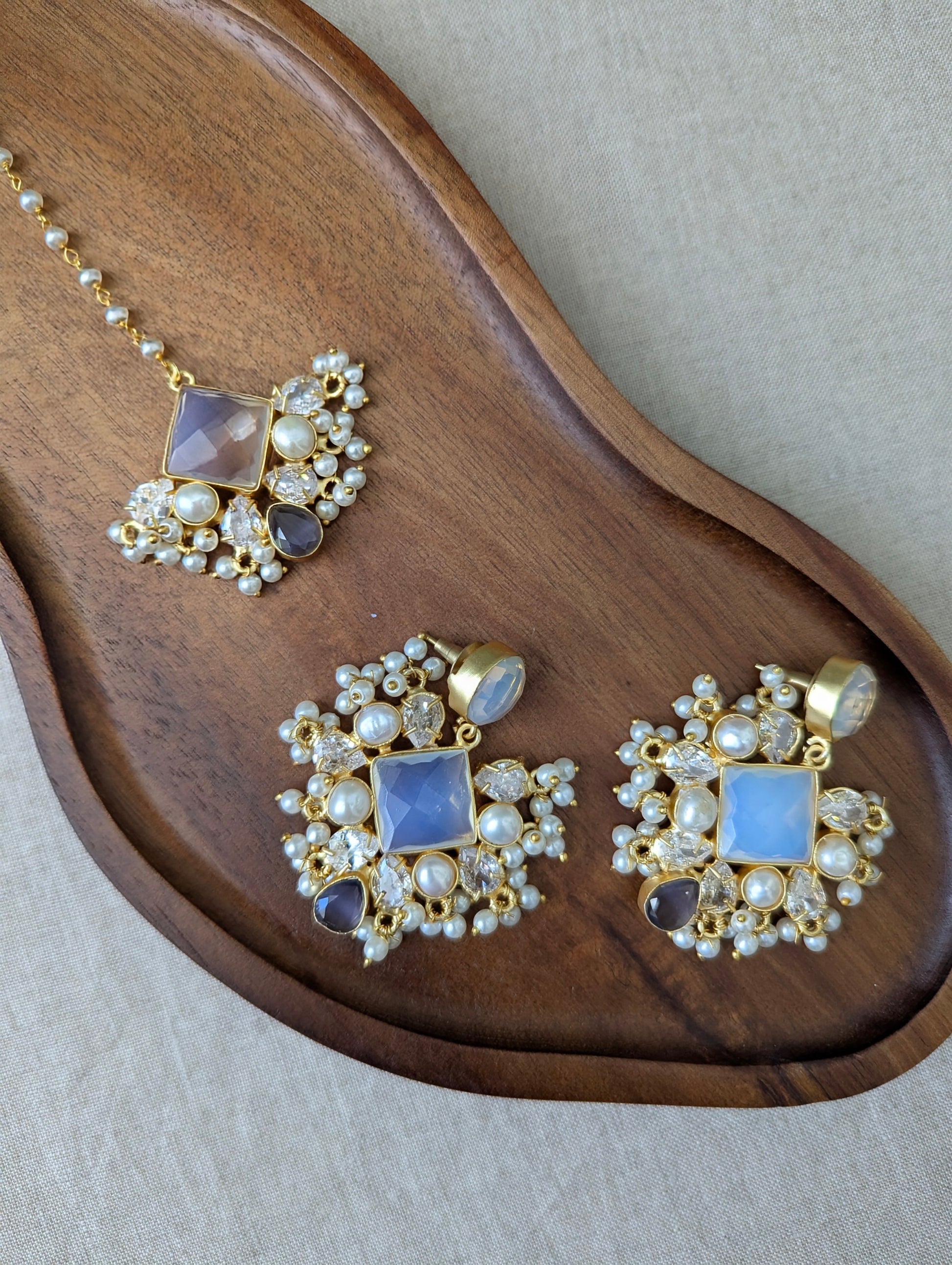 Iridescent Opalite &amp; Purple Amethyst Statement Earrings &amp; Tikka Set with Swarovski &amp; Pearls - Item 47