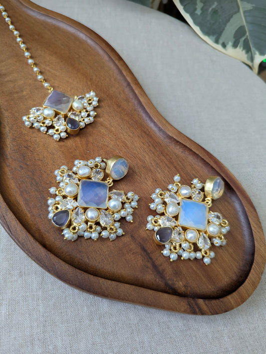 Iridescent Opalite &amp; Purple Amethyst Statement Earrings &amp; Tikka Set with Swarovski &amp; Pearls - Item 47