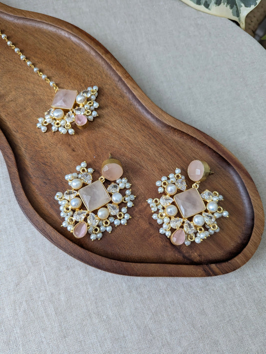 Rose Quartz with Swarovski & Pearls Statement Earrings & Tikka Set - Item 48