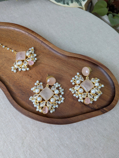 Rose Quartz with Swarovski & Pearls Statement Earrings & Tikka Set - Item 48
