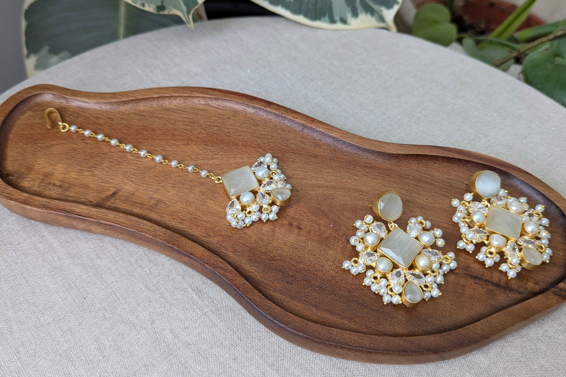 Grey Smoke Quartz Statement Earrings & Tikka Set with Swarovski & Pearls - Item 49