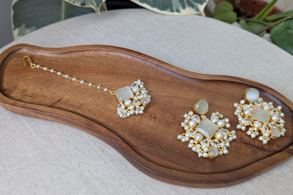 Grey Smoke Quartz Statement Earrings & Tikka Set with Swarovski & Pearls - Item 49