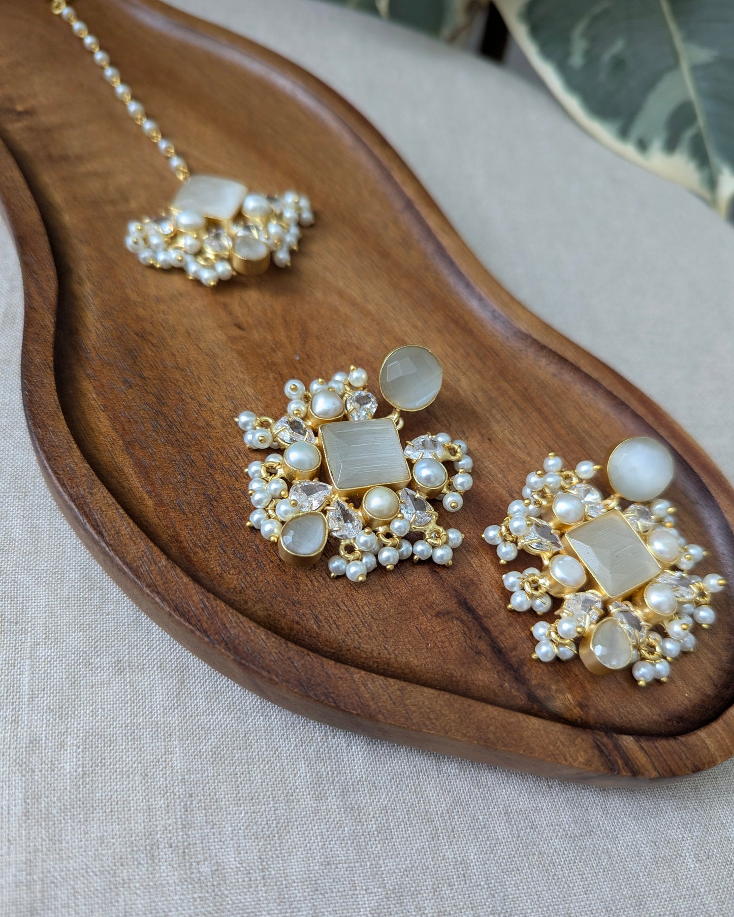 Grey Smoke Quartz Statement Earrings & Tikka Set with Swarovski & Pearls - Item 49
