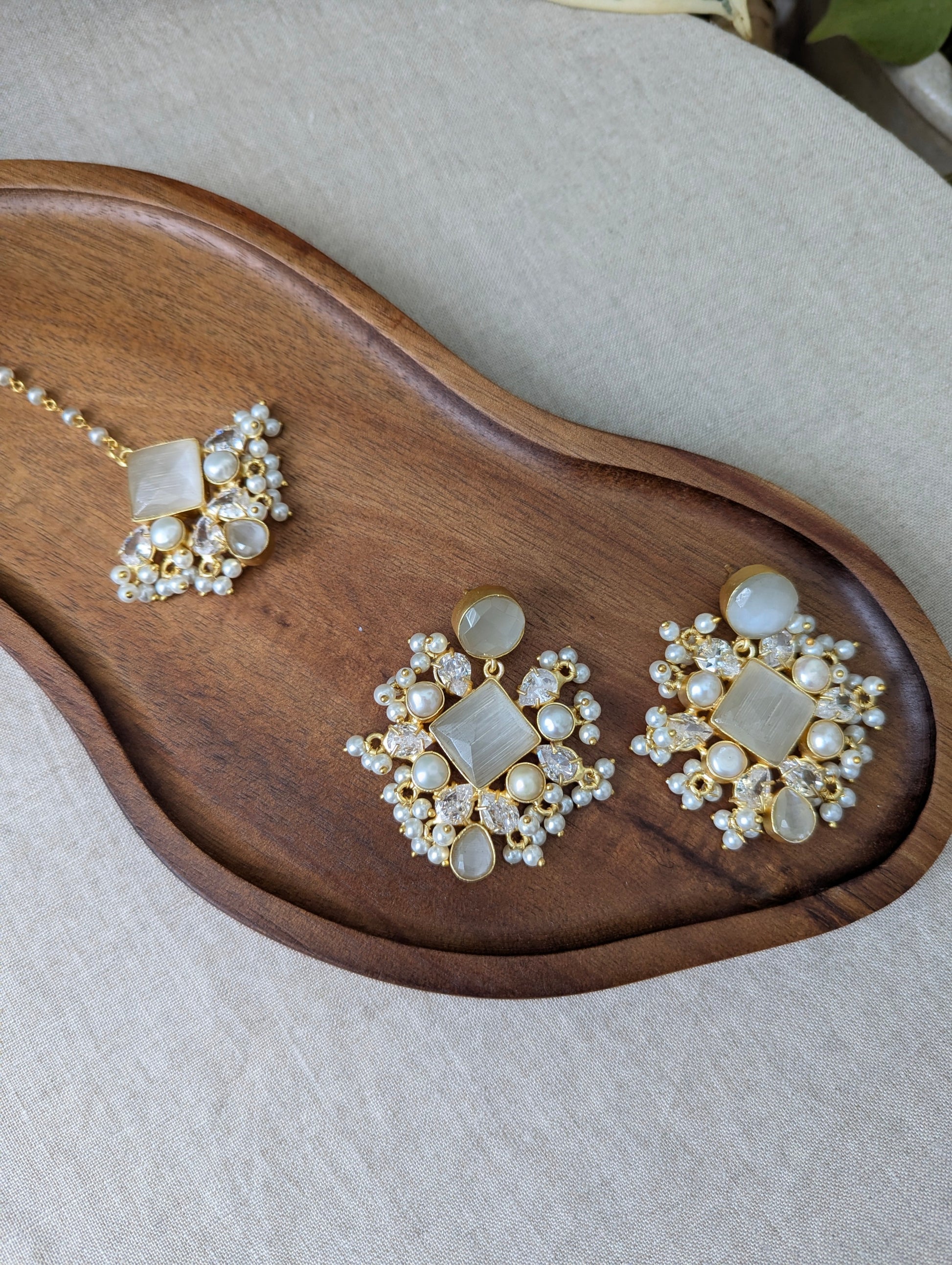 Grey Smoke Quartz Statement Earrings & Tikka Set with Swarovski & Pearls - Item 49
