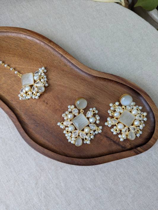 Grey Smoke Quartz Statement Earrings & Tikka Set with Swarovski & Pearls - Item 49