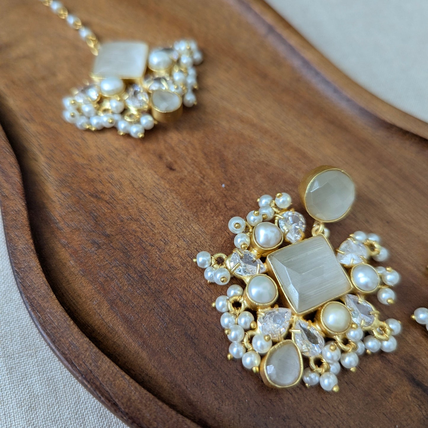 Grey Smoke Quartz Statement Earrings & Tikka Set with Swarovski & Pearls - Item 49
