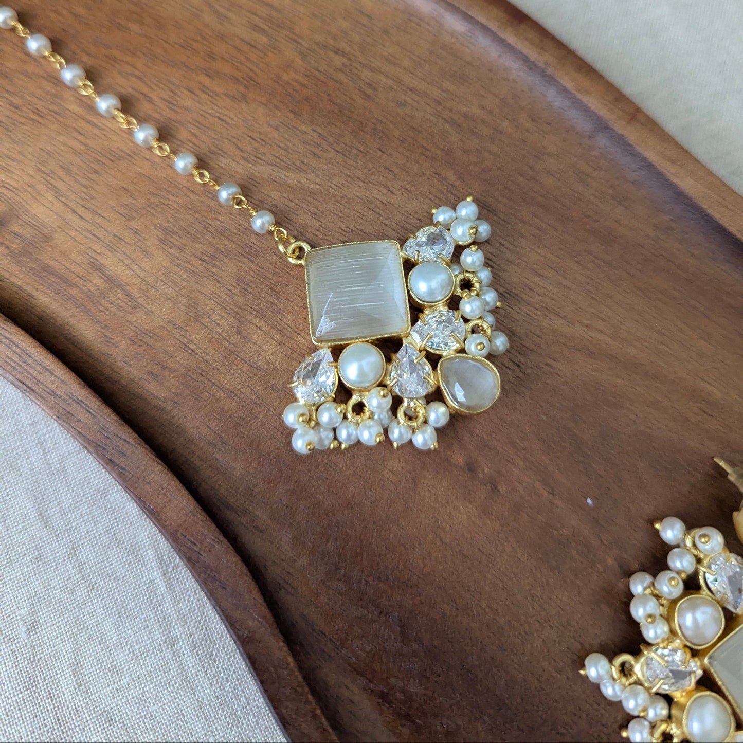 Grey Smoke Quartz Statement Earrings & Tikka Set with Swarovski & Pearls - Item 49