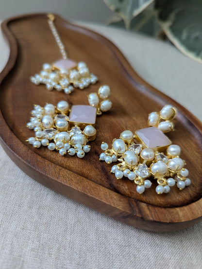 Rose Quartz Statement Earrings & Tikka Set with Swarovski & Pearls - Item 50