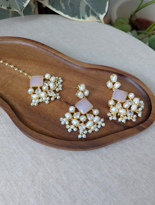 Rose Quartz Statement Earrings & Tikka Set with Swarovski & Pearls - Item 50