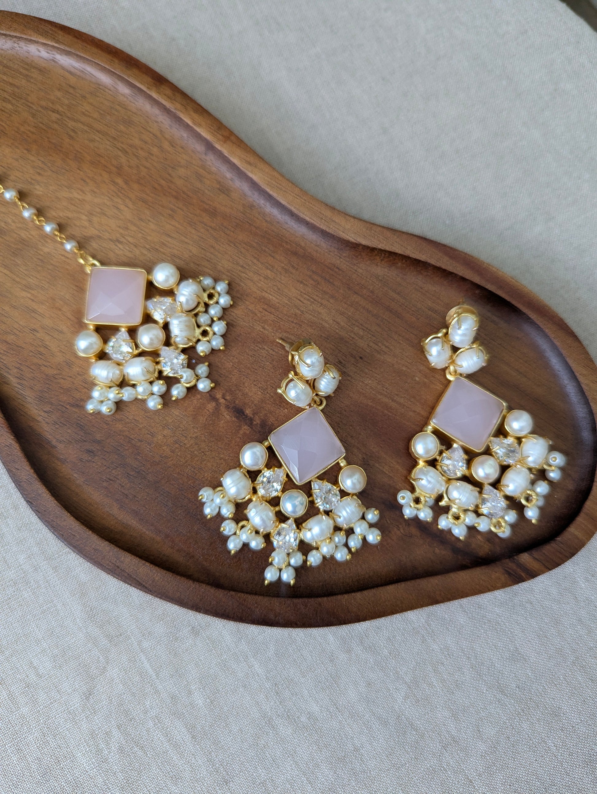 Rose Quartz Statement Earrings & Tikka Set with Swarovski & Pearls - Item 50