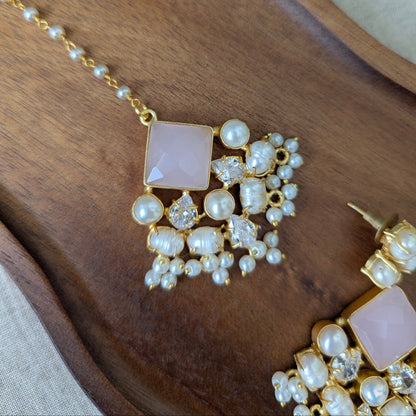 Rose Quartz Statement Earrings & Tikka Set with Swarovski & Pearls - Item 50