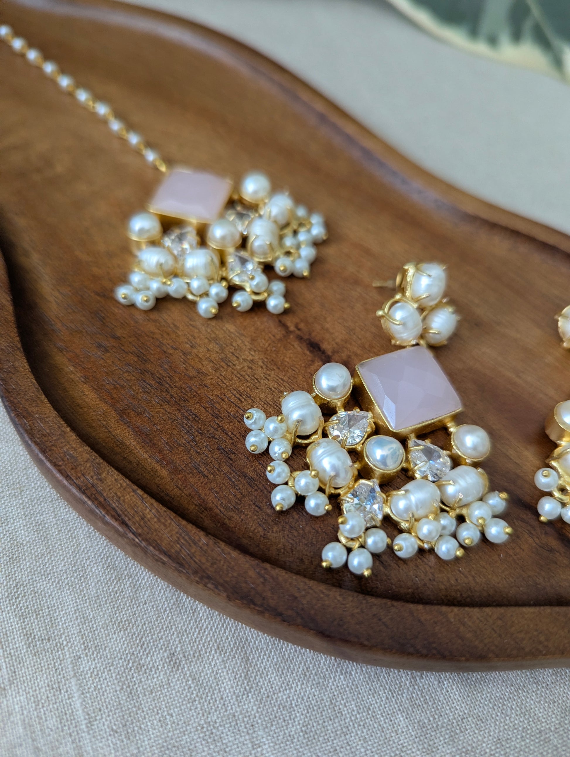 Rose Quartz Statement Earrings & Tikka Set with Swarovski & Pearls - Item 50