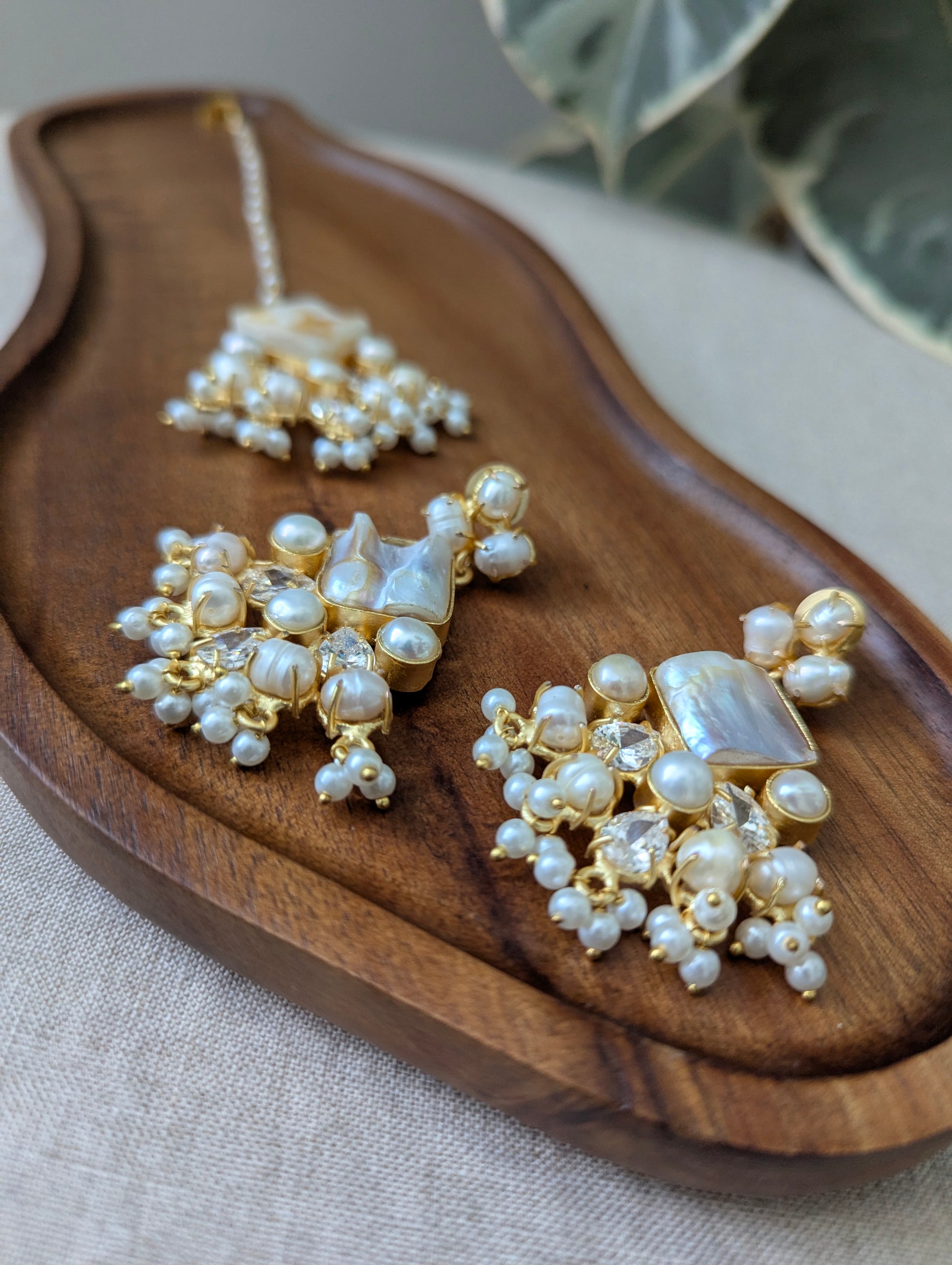 Mother of Pearl Statement Earrings & Tikka Set with Swarovski & Pearls