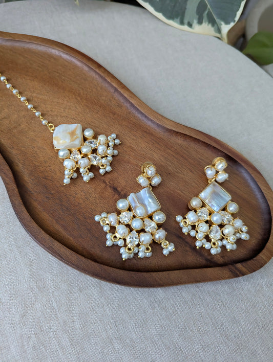 Mother of Pearl Statement Earrings & Tikka Set with Swarovski & Pearls
