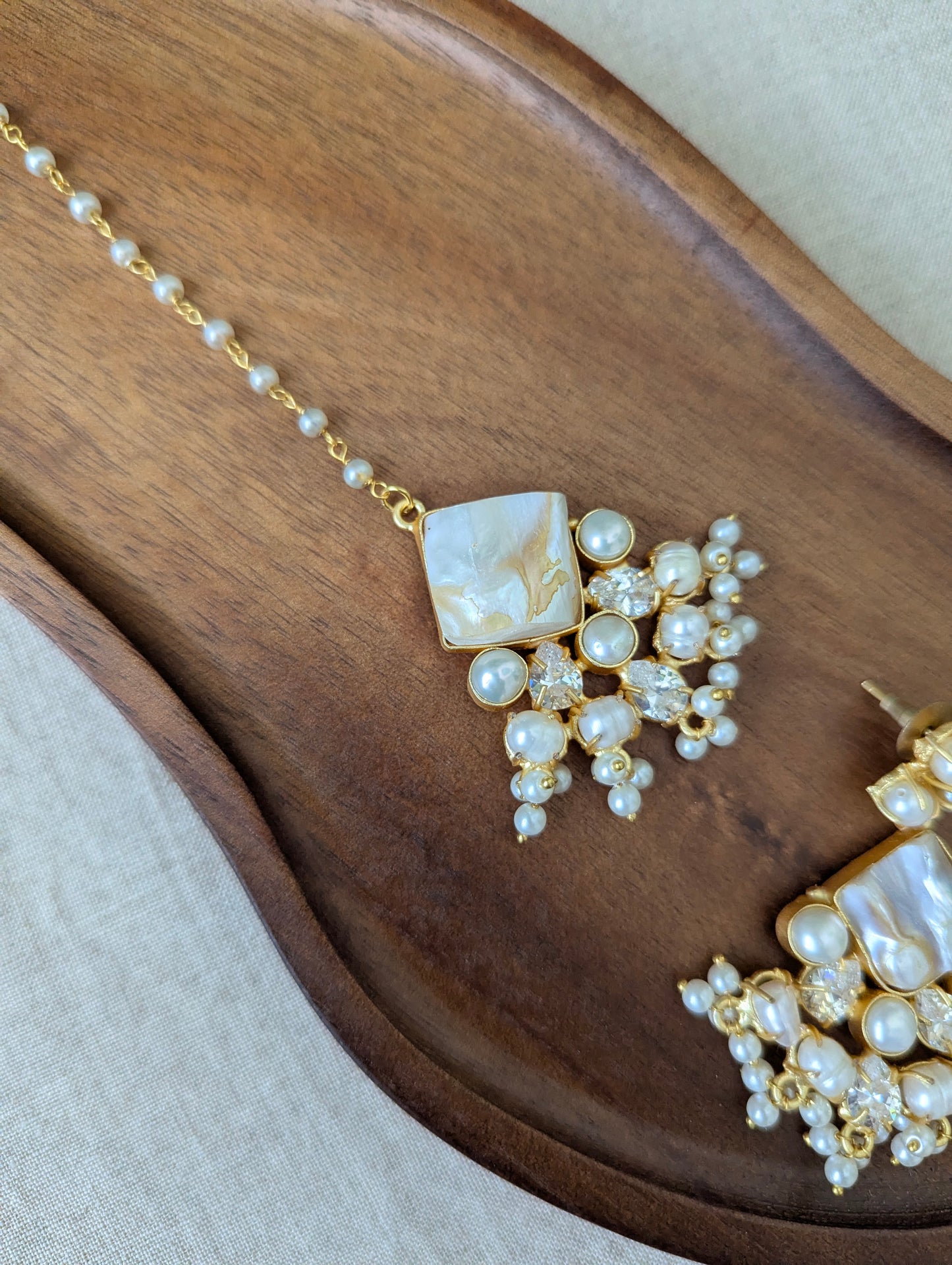 Mother of Pearl Statement Earrings & Tikka Set with Swarovski & Pearls