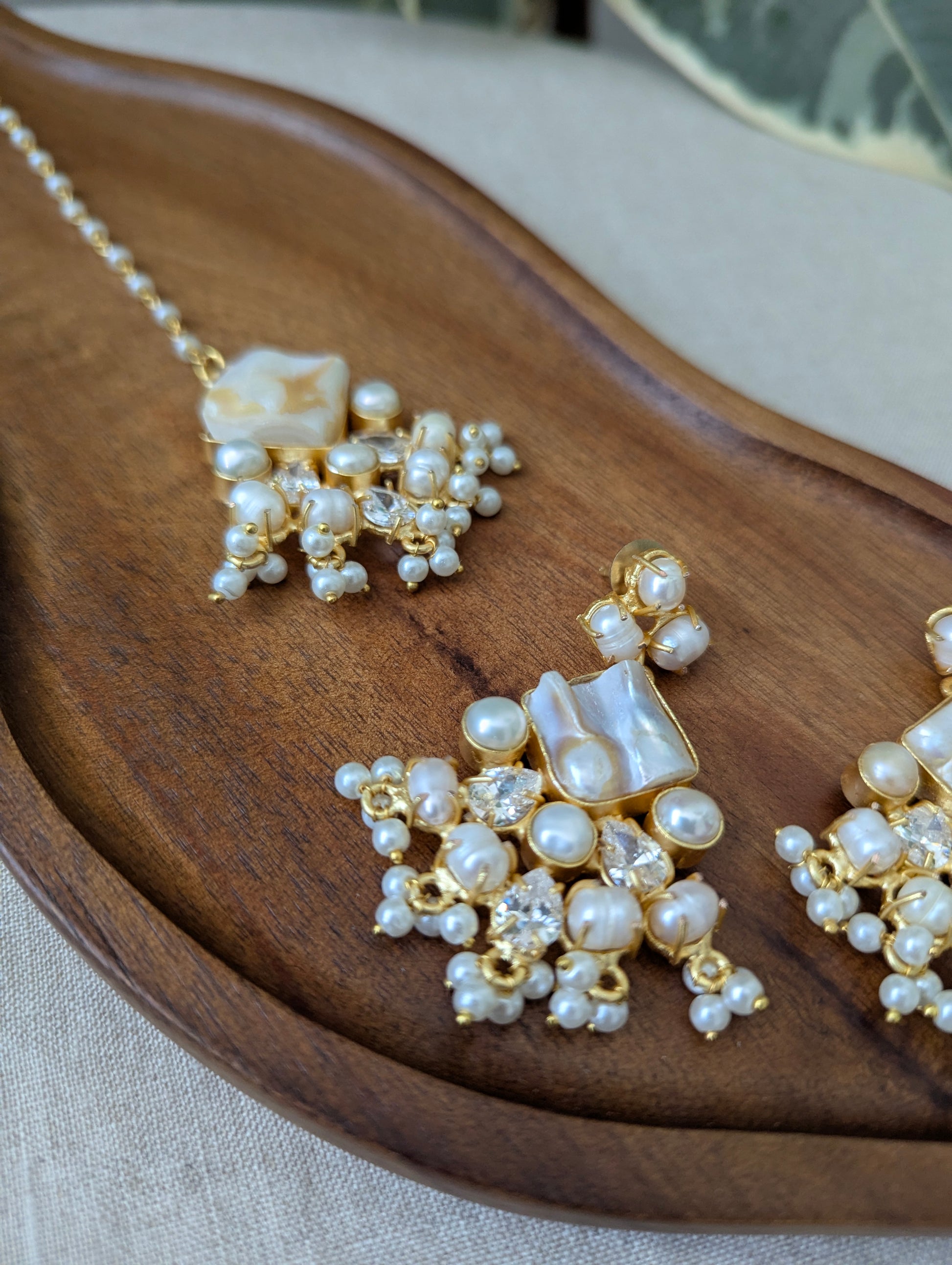 Mother of Pearl Statement Earrings & Tikka Set with Swarovski & Pearls
