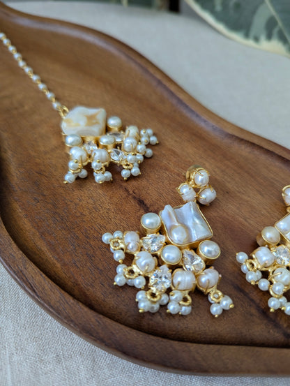 Mother of Pearl Statement Earrings & Tikka Set with Swarovski & Pearls