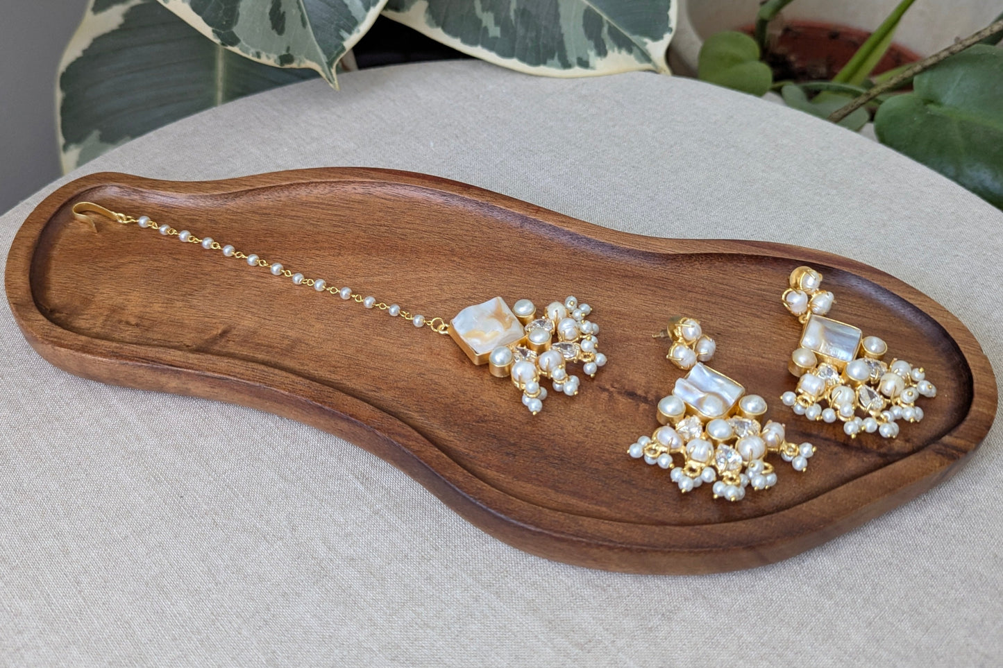 Mother of Pearl Statement Earrings & Tikka Set with Swarovski & Pearls