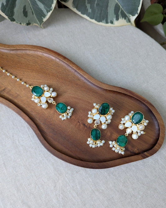 Teal Quartz Green Statement Earrings & Tikka Set with Swarovski & Pearls - Item 52