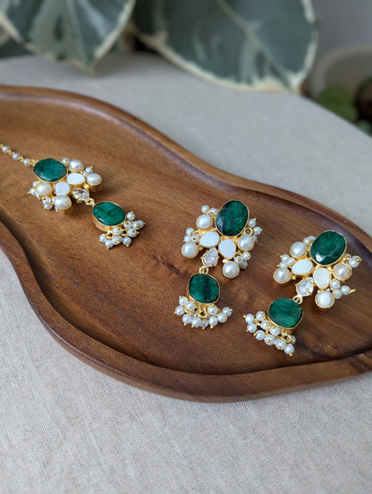 Teal Quartz Green Statement Earrings & Tikka Set with Swarovski & Pearls - Item 52