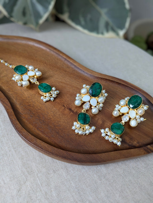 Teal Quartz Green Statement Earrings & Tikka Set with Swarovski & Pearls - Item 52
