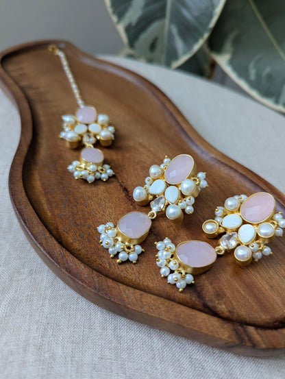 Oval Rose Quartz Statement Earrings & Tikka Set with Swarovski & Pearls - Item 53