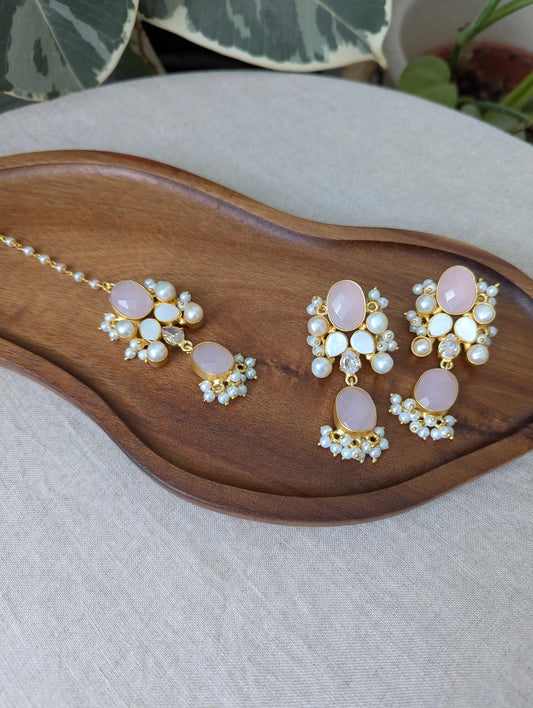 Oval Rose Quartz Statement Earrings & Tikka Set with Swarovski & Pearls - Item 53