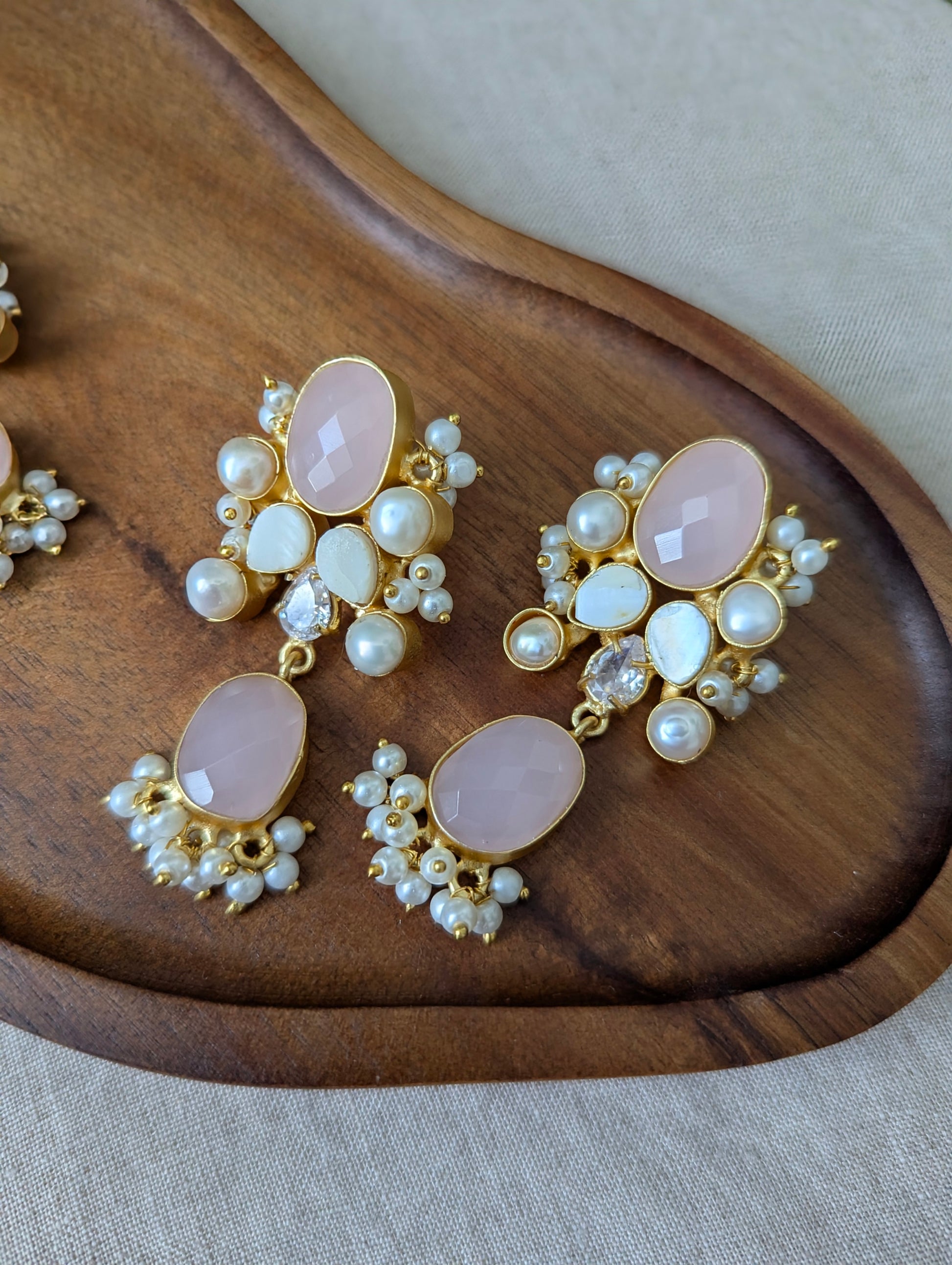 Oval Rose Quartz Statement Earrings & Tikka Set with Swarovski & Pearls - Item 53