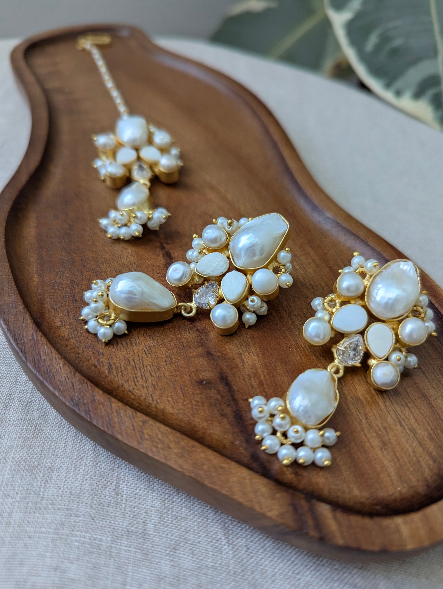 Mother of Pearl Oblong Statement Earrings & Tikka Set with Swarovski & Pearls - Item 54