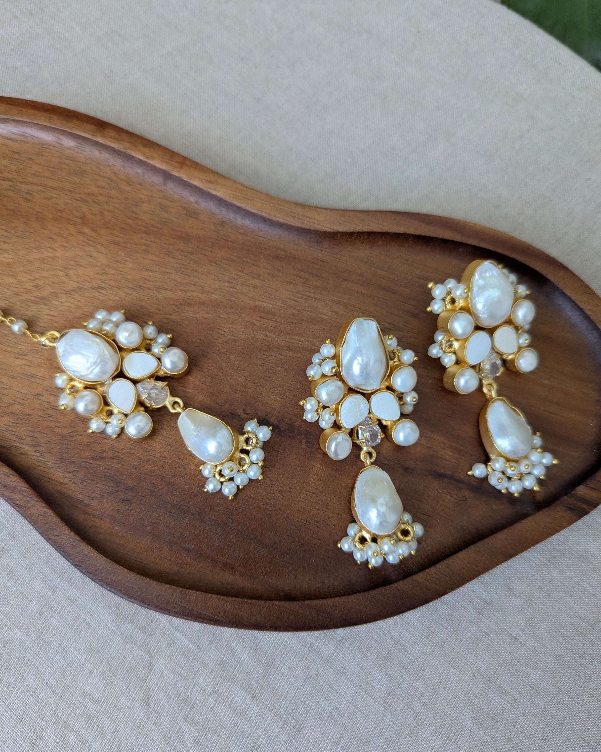 Mother of Pearl Oblong Statement Earrings & Tikka Set with Swarovski & Pearls - Item 54