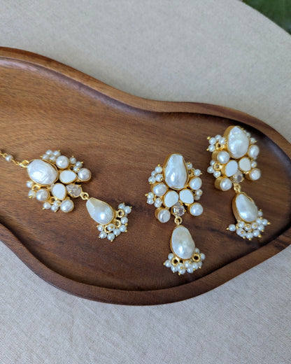 Mother of Pearl Oblong Statement Earrings & Tikka Set with Swarovski & Pearls - Item 54