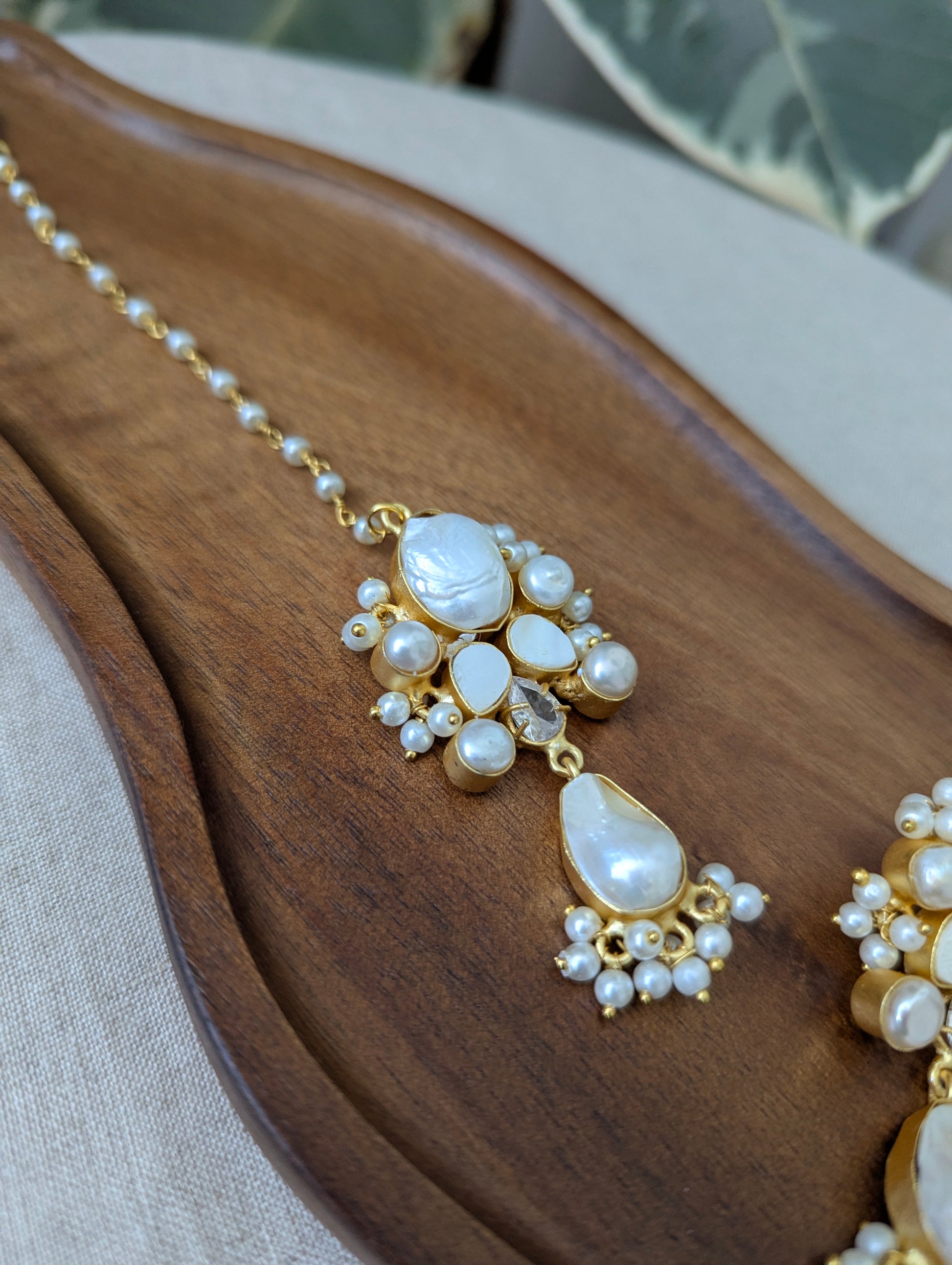 Mother of Pearl Oblong Statement Earrings & Tikka Set with Swarovski & Pearls - Item 54