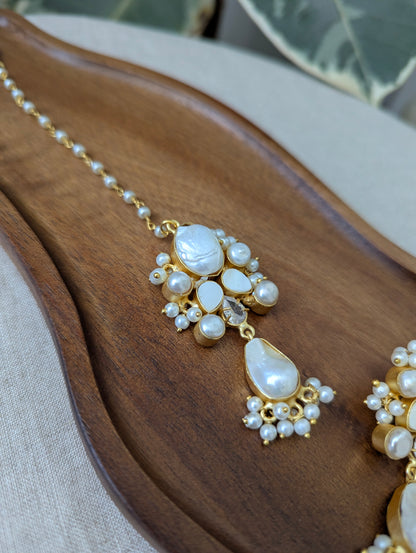 Mother of Pearl Oblong Statement Earrings & Tikka Set with Swarovski & Pearls - Item 54