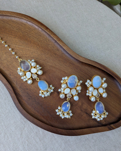 Iridescent Opalite Oval Statement Earrings & Tikka Set with Swarovski & Pearls - Item 55