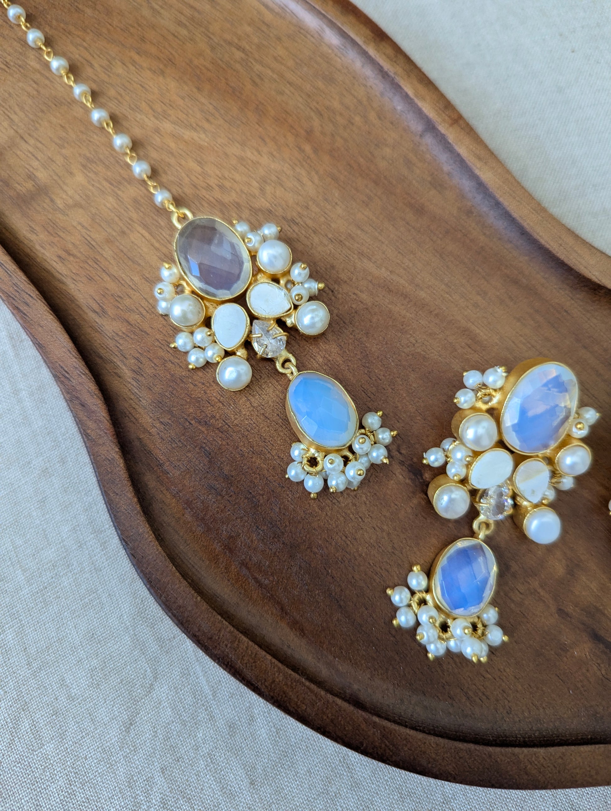 Iridescent Opalite Oval Statement Earrings & Tikka Set with Swarovski & Pearls - Item 55