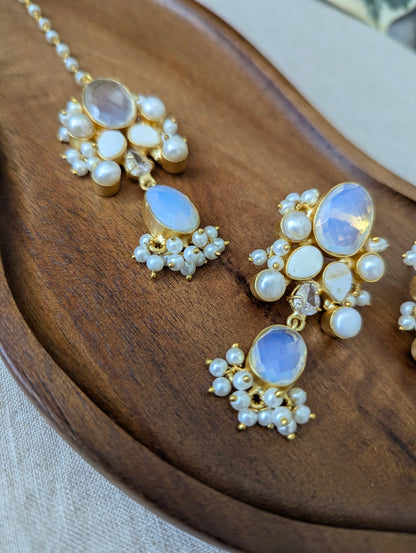 Iridescent Opalite Oval Statement Earrings & Tikka Set with Swarovski & Pearls - Item 55
