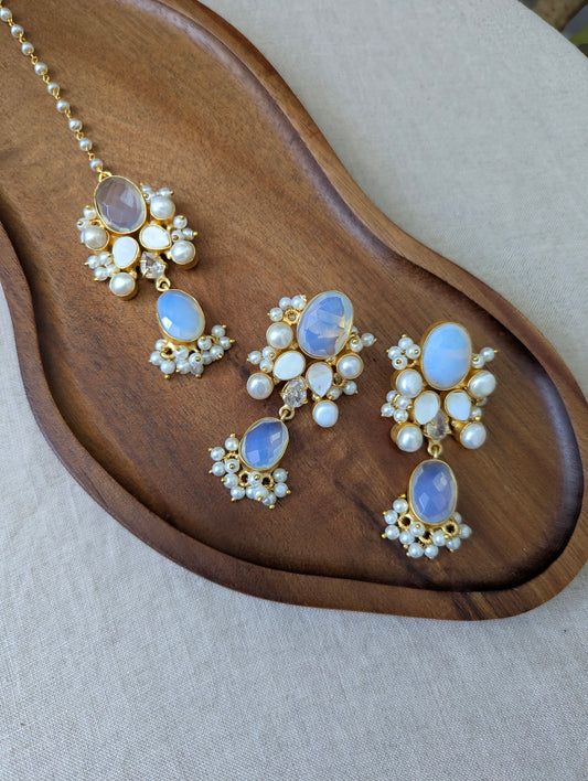 Iridescent Opalite Oval Statement Earrings & Tikka Set with Swarovski & Pearls - Item 55