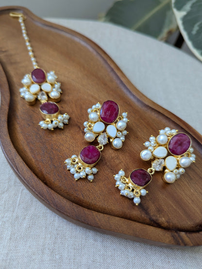 Ruby Quartz Red Statement Earrings & Tikka Set with Swarovski & Pearls - Item 56