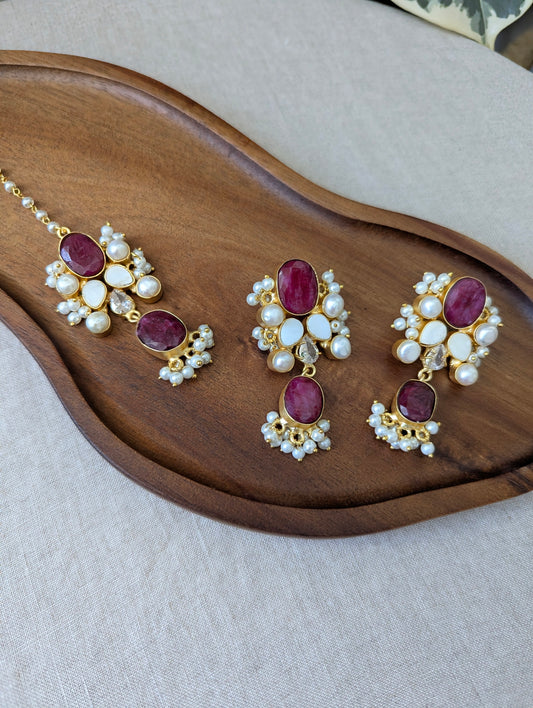 Ruby Quartz Red Statement Earrings & Tikka Set with Swarovski & Pearls - Item 56