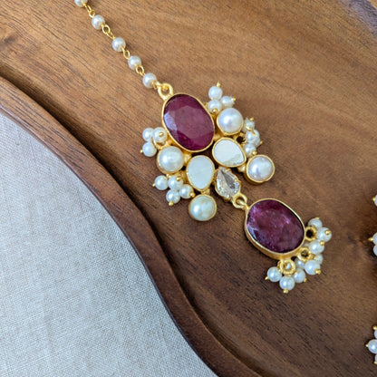 Ruby Quartz Red Statement Earrings & Tikka Set with Swarovski & Pearls - Item 56
