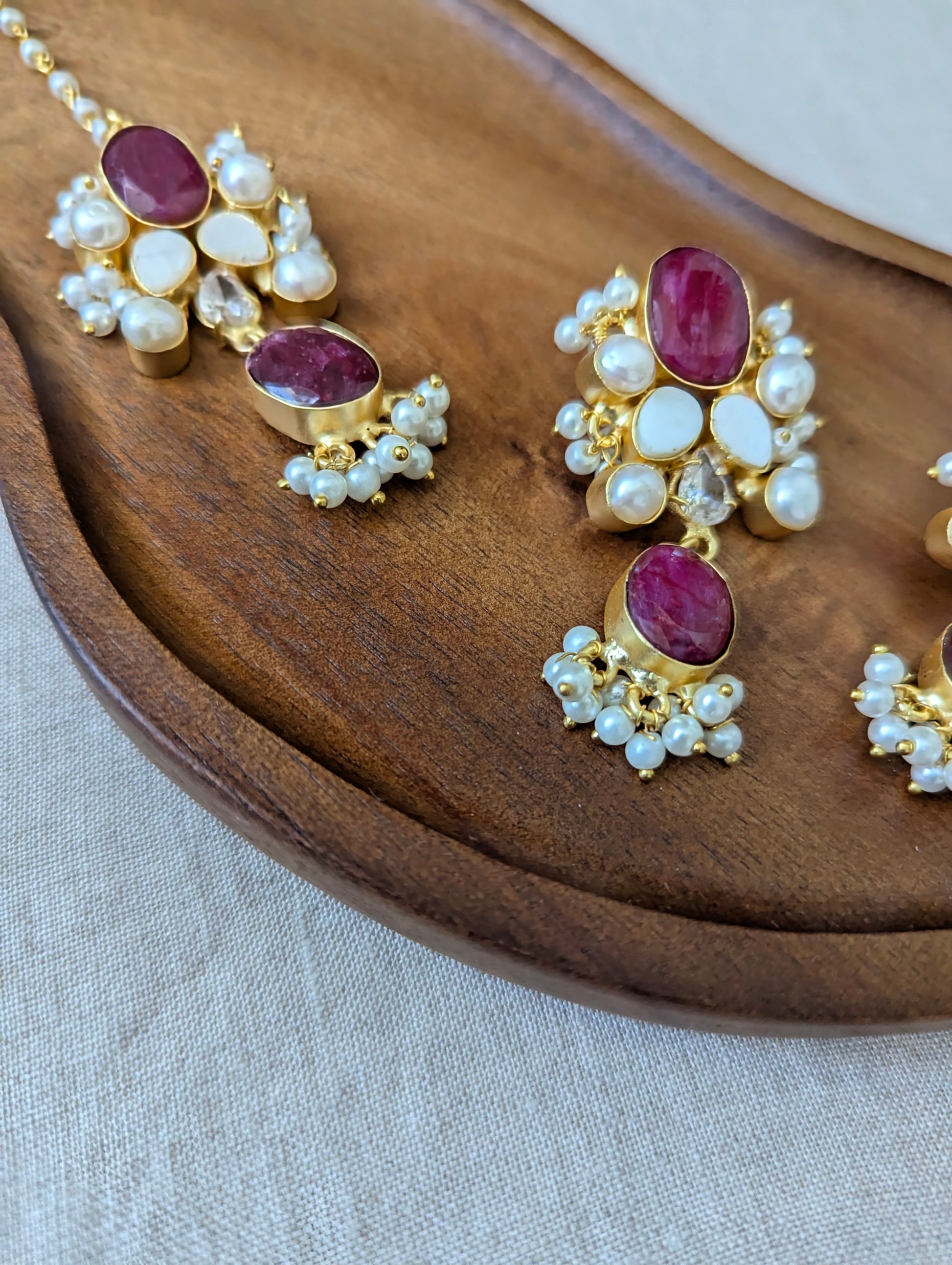 Ruby Quartz Red Statement Earrings & Tikka Set with Swarovski & Pearls - Item 56