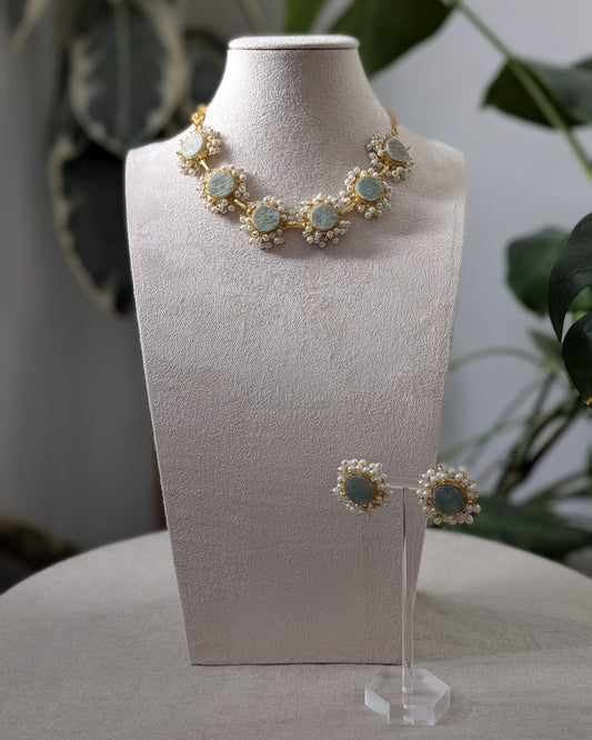 Natural Amazonite Stones Encircled with Mini Pearl Clusters - Item M4